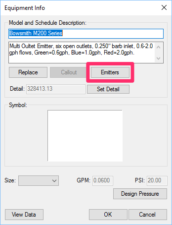Equipment Info dialog box, Emitters button