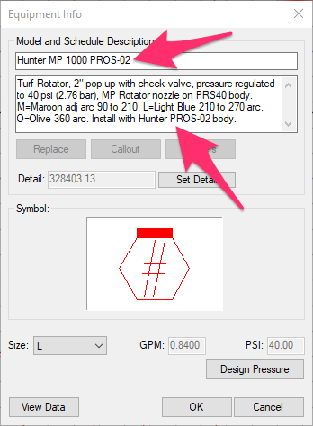 Editing the model name and description notes in the Equipment Info dialog box