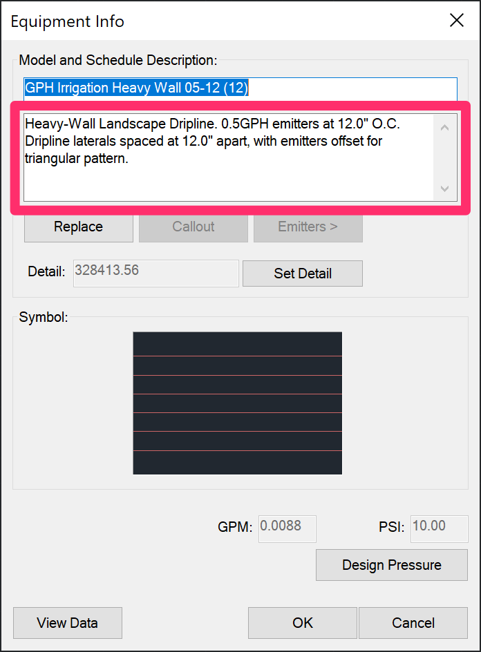 Equipment Info dialog box, description field