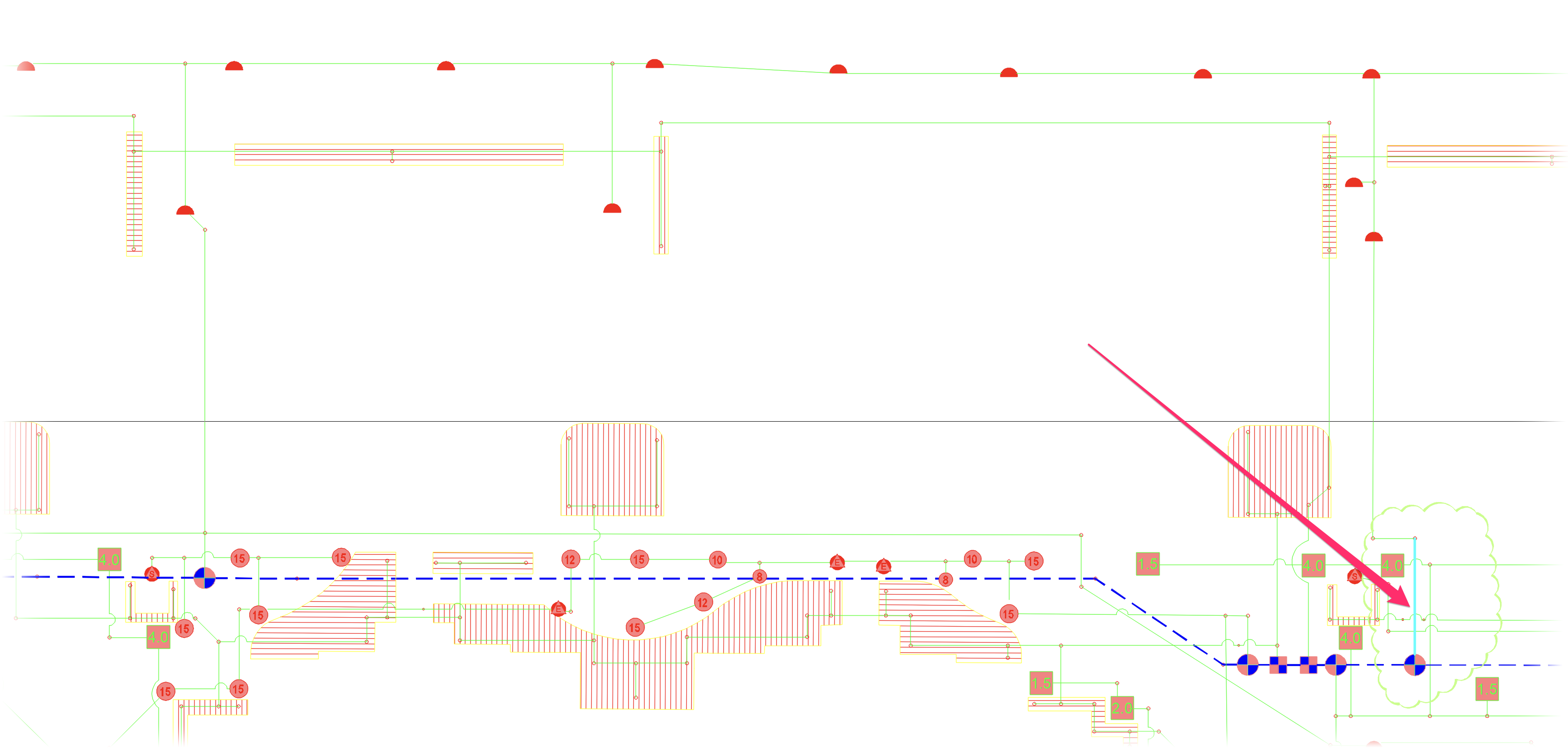 Circular pipe error highlighted in cyan in an irrigation plan