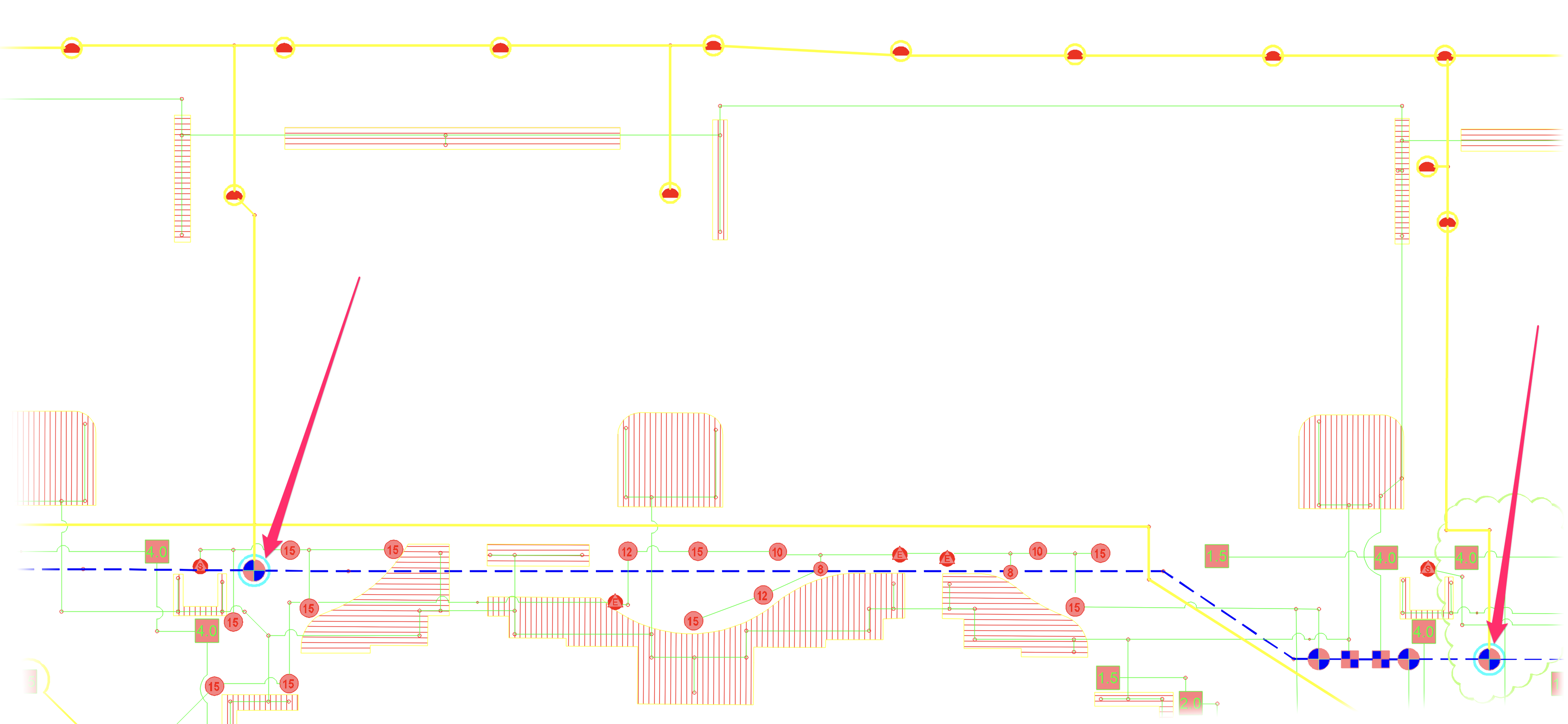 Irrigation plan showing looped laterals and two valves highlighted in cyan