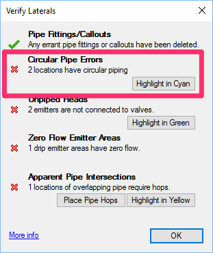 Verify Laterals dialog box showing circular pipe errors