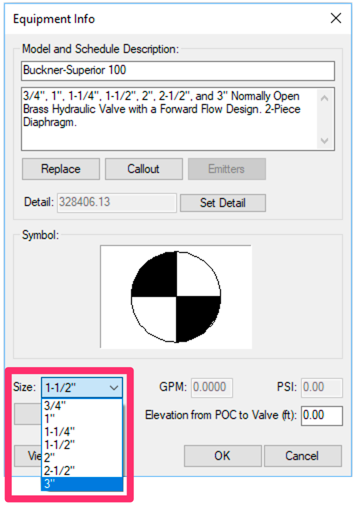 Equipment Info dialog box, Size menu