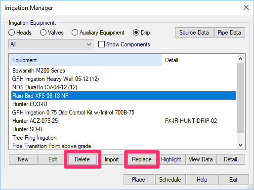 Irrigation Manager, Delete and Replace buttond