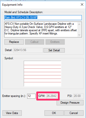 Equipment Info dialog box showing an excessively high flow rate