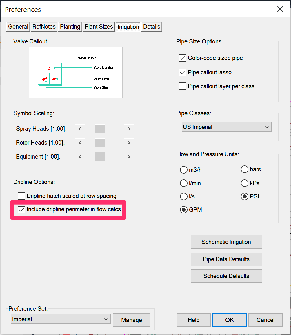 Irriation Preferences screen with Include perimeter in flow calcs option selected
