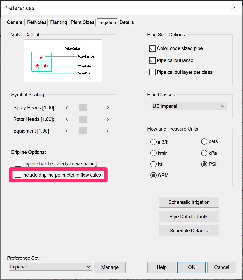 Irrigation Preference screen with Include perimeter in flow calcs option unchecked