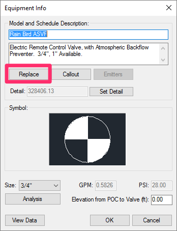 Equipment Info dialog box, Replace button