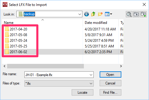 Dated folders in folder LandFX/data/backup showing recent backups