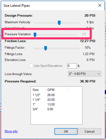 Size Lateral Pipes dialog box, Pressure Variation setting turned completely off