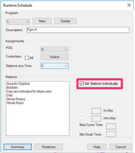 Runtime Schedule dialog box, Set stations individually option selected