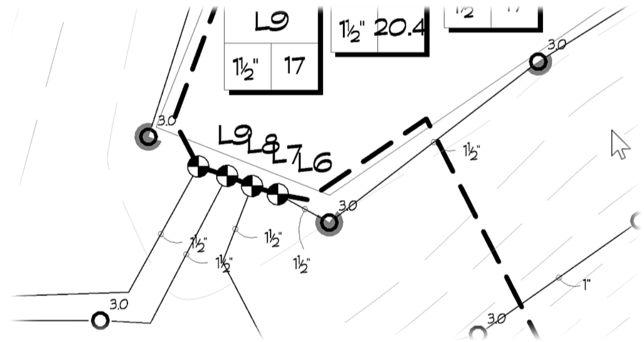 Example irrigation plan in CAD showing pipes and equipment not drafted at their real installed locations