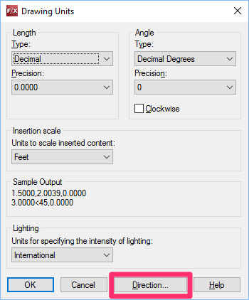 Drawing Units dialog box, Direction option