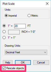 Plot Scale dialog box, Rescale Objects option checked