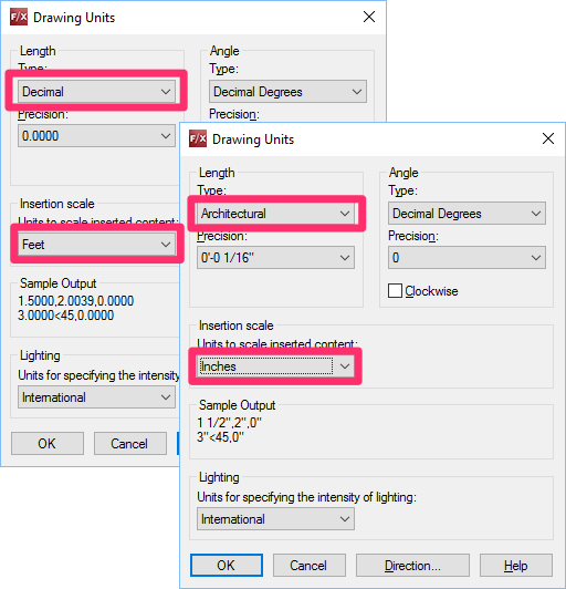 Drawing Units dialog box, verifying that the Length and Insertion Scale menus are set correctly