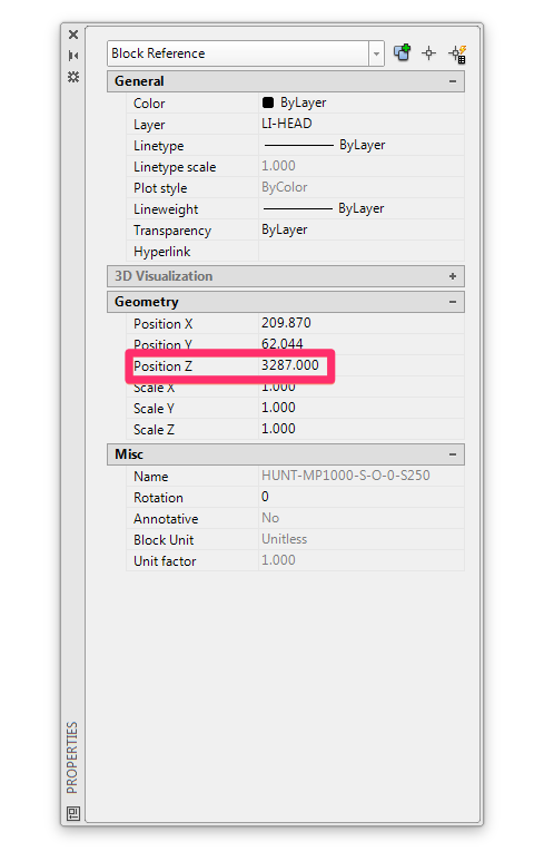 Properties panel, Position Z entry