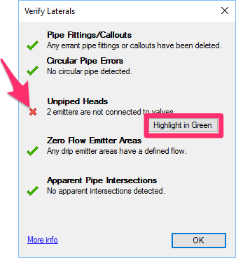 Verify Laterals dialog box, button to highlight unpiped heads in green