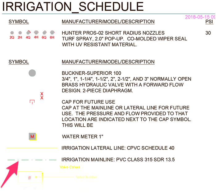 Irrigsation Schedule correctly showing dash-dot linetype for mainline