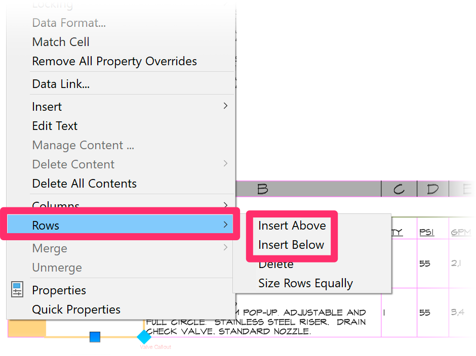 Rows menu option, Insert Above and Insert Below submenu options 