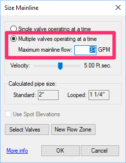 Size Mainline dialog box, Multiple valves operating at a time, entering a Maximum Mainline Flow value