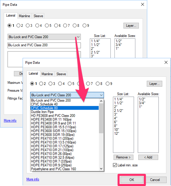 Selecting a different pipe class from the pipe class menu in the Pipe Data dialog box