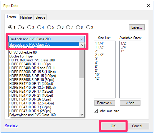 Selecting the original pipe class from the pipe class menu in the Pipe Data dialog box