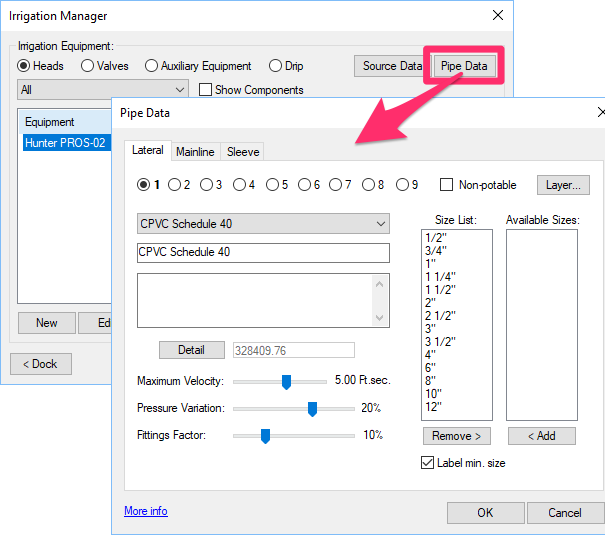 Opening the Pipe Data dialog box by clicking the Pipe Data button in the Irrigation Manager