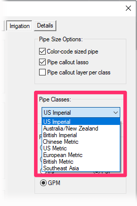 Irrigation Preferences screen, Pipe Classes menu