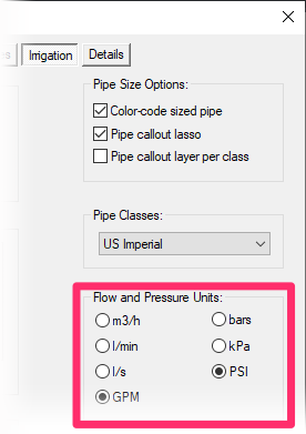Irrigation Preferences screen, Flow and Pressure Units options