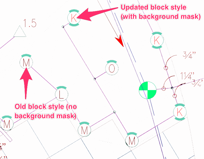 Example drawing showing updated block style with background mask and older block style without background mask