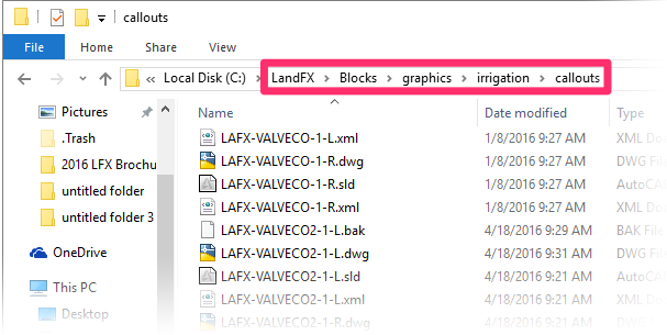 LandFX/Blocks/Graphics/Irrigation/Callouts folder