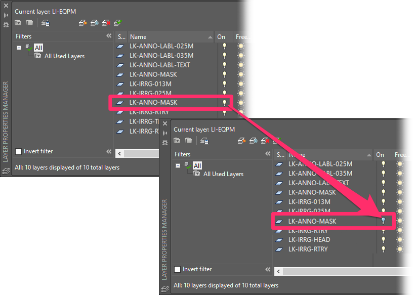 Turning off the layer LK-ANNO-MASK in the Layer Properties Manager