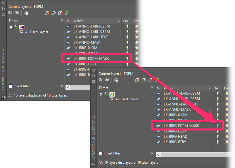 Turning off the layer LK-IRRG-EQPM-MASK in the Layer Properties Manager