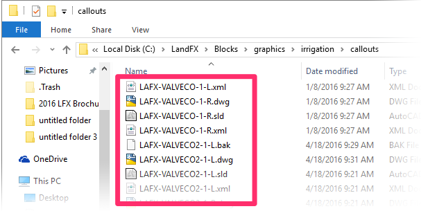 Deleting all files whose names begin with LAFX-VALVECO or VALVECO in the LandFX/Blocks/Graphics/Irrigation/Callouts folder