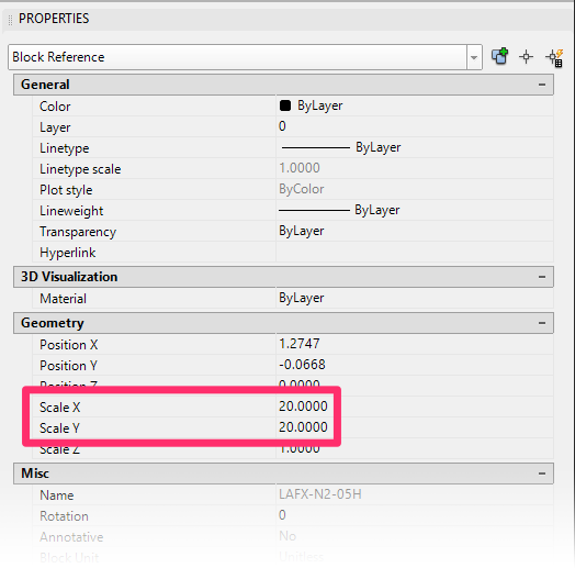 Properties panel, Scale X and Scale Y entries