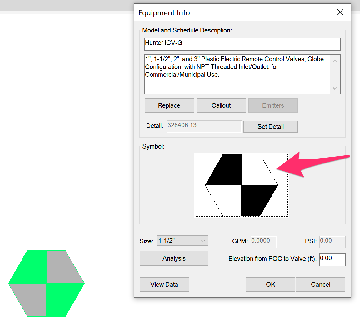 Equipment Info dialog box showing a symbol in the preview thumbnail box