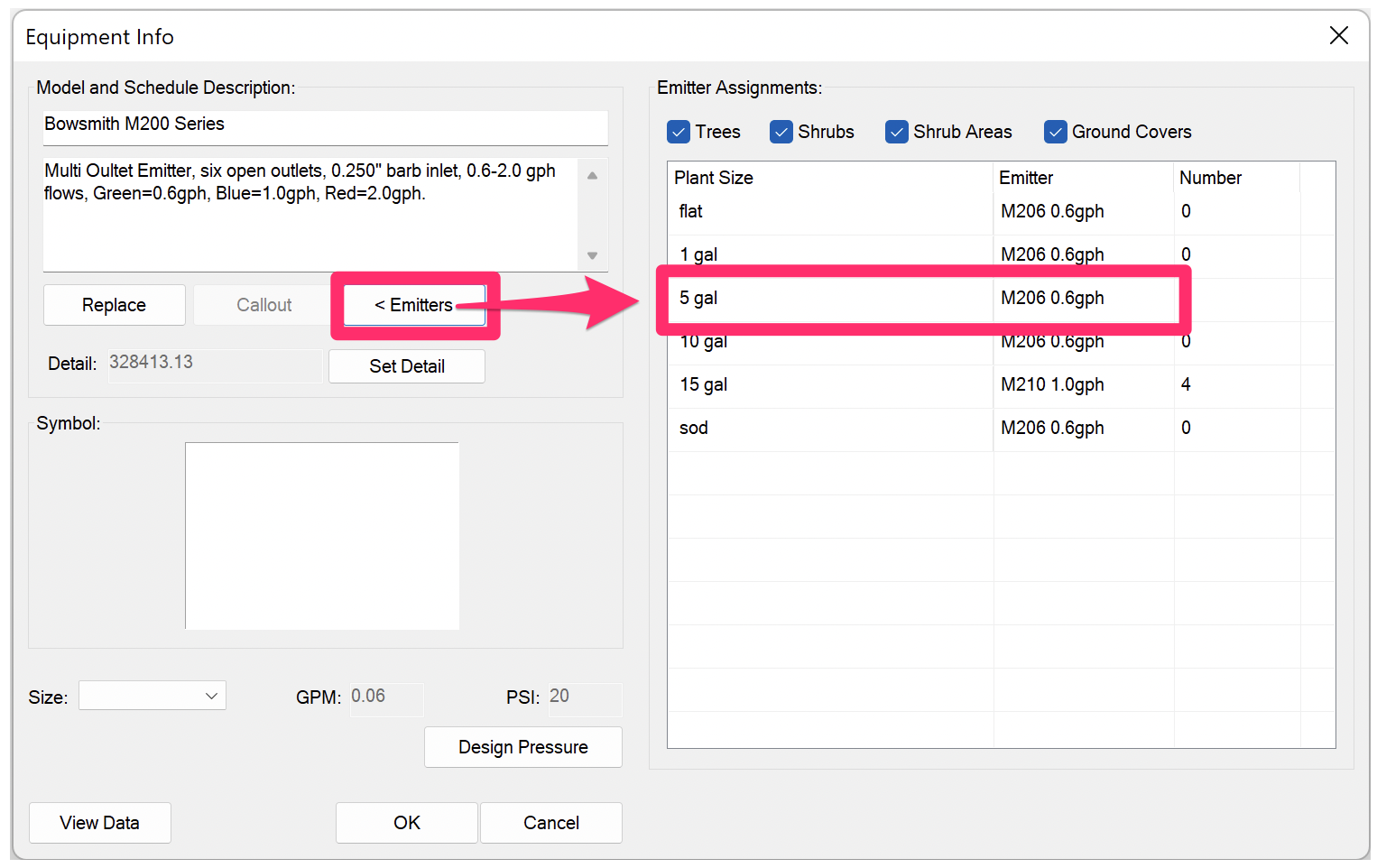 Equipment Info dialog box showing emitter assignments for specific plant sizes