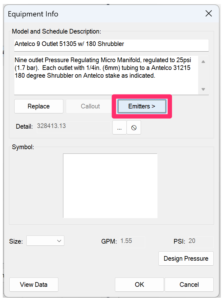 Equipment Info dialog box, Emitters button