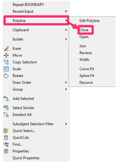 Polyline menu option, Close submenu option