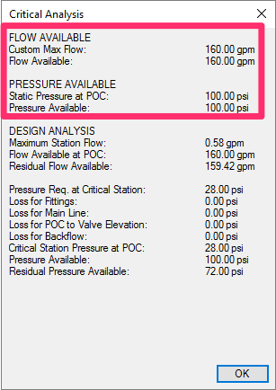 Critical Analysis dialog box showing flow available and pressure available