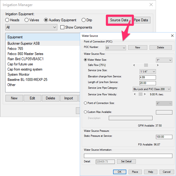 Opening the Source Data tool by clicking the Source Data button in the Irrigation Manager