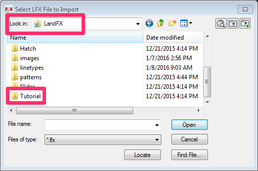 Browsing to the folder LandFX/Tutorial in the Select LFX File to Import dialog box