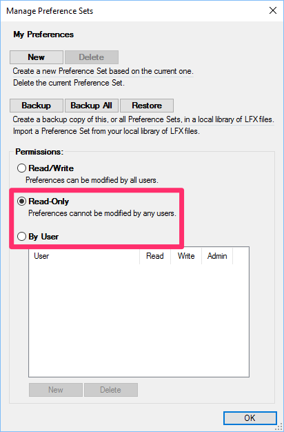 Read-Only and By User options for Preference Sets