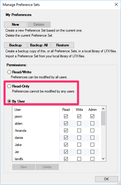Read-only and By User options for Preference Sets