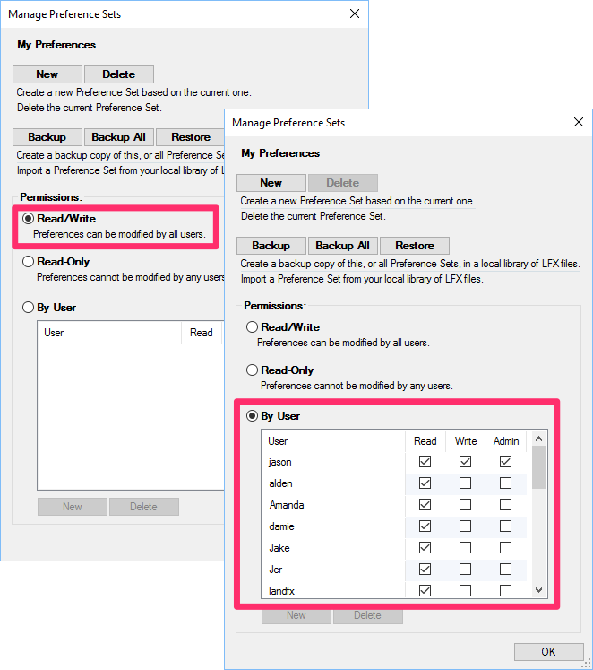 Read-Write and By User options for Preference Sets