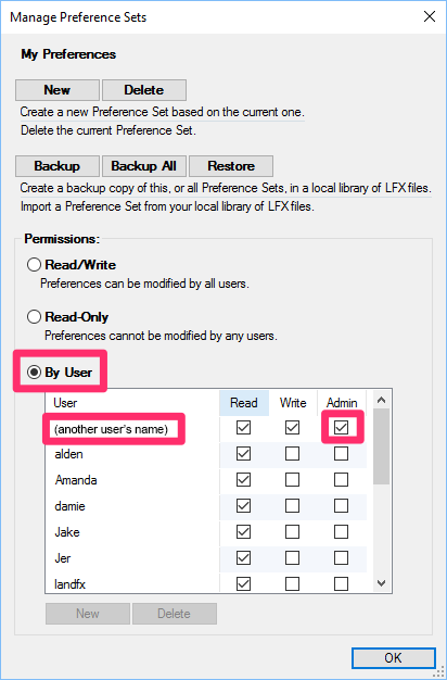 Preference Set to By User, list of user names