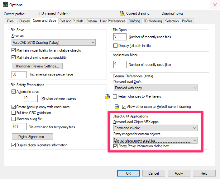 Options dialog box