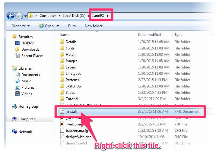 Right-clicking the file _install_ in the LandFX folder