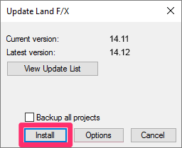 Land F/X Update dialog box, Install button