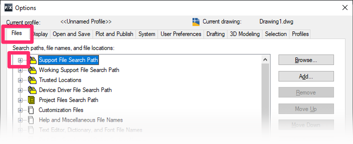 Options dialog box, Files tab, expanding the Support File Search Path